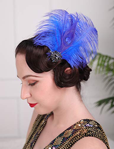 Royal Blue Flapper Headpiece with Feather & Crystal Hair Clip