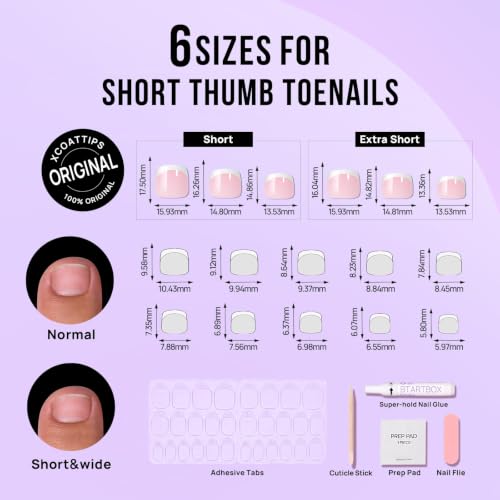 BTArtbox Press On Toenails - French Tip, Short Squoval, 32Ct Kit