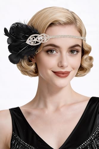 BABEYOND Black 1920s Flapper Feather Headband, Great Gatsby Vintage Headpiece