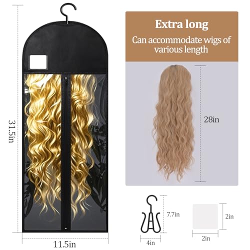 Black 31.5in 6-Pack Extra Long Wig Storage Bags with Hangers & Labels - Dust-Proof Organizer for Multiple Wigs & Extensions