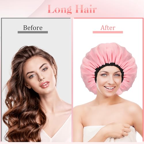 WAMFLUY Pink Reusable Waterproof Shower Cap for Women with Long Hair, Adjustable & Extra Large