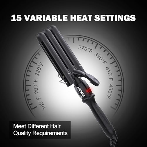 Kuwa Black 3-Barrel Curling Iron for Beach Waves & Curls, LCD Temp Display