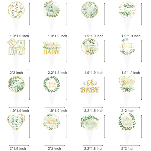Sage Green Baby Shower Cupcake Toppers - 48PCS Eucalyptus Decor