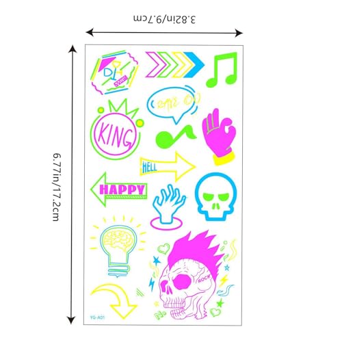 Glow in the Dark Temporary Tattoos - 10 Sheets UV Reactive Neon Designs