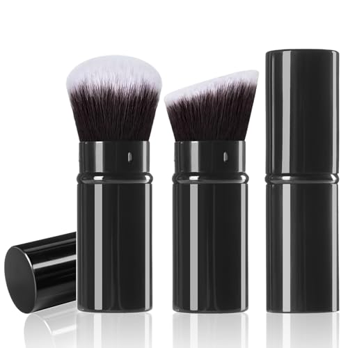 Keriloo Black Retractable Kabuki Makeup Brush Set - 2 Pack Travel Face Powder Brushes