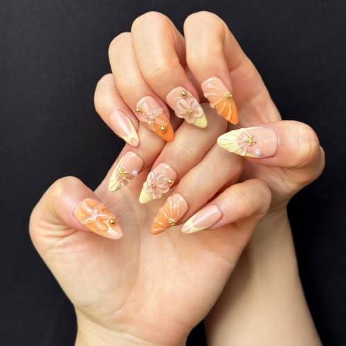 Vlazryk Handmade Medium Almond Press-On Nails with 3D Floral & Metal Charms