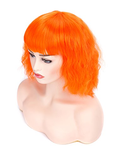 Morvally Short Orange Wavy Curly Bob Wig with Bangs, Heat Resistant