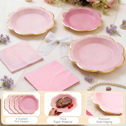 Pink Paper Plates and Napkins Set for 20 Guests - Scalloped Gold Rim