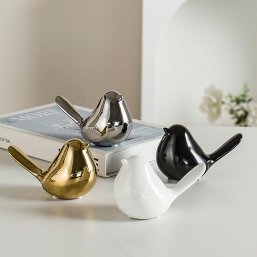Ceramic Bird Figurines Set of 2 - Chubby Gold Statues for Home Decor
