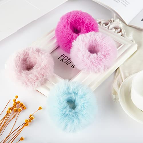 Mljsh 2 PCS Fuzzy Faux Rabbit Fur Hair Scrunchies - Pink