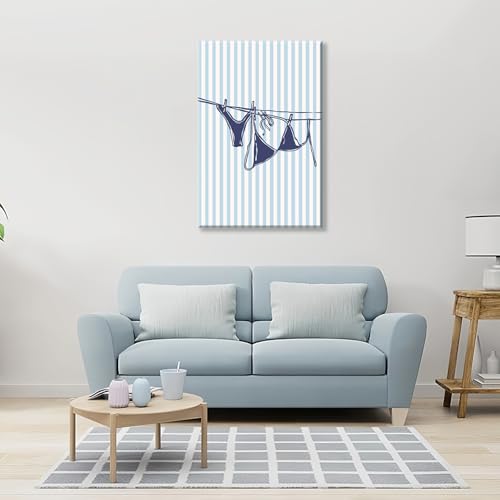 Navy Blue Bikini Beach Wall Art - Summer Coastal Canvas Print 12x16in