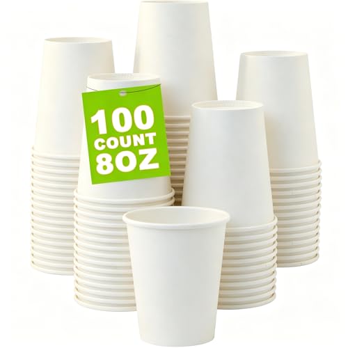 100 Count 8 oz Disposable White Paper Coffee Cups - Leak-Resistant