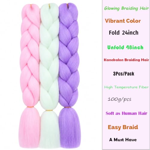 Orgwigs 24 Inch Colorful Glow in Dark Braiding Hair Extensions - White Pink Purple 3 Pack