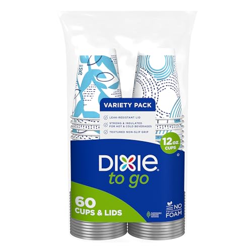 Dixie To Go 12 oz Disposable Paper Cups, 60 Count with Leak-Resistant Lids