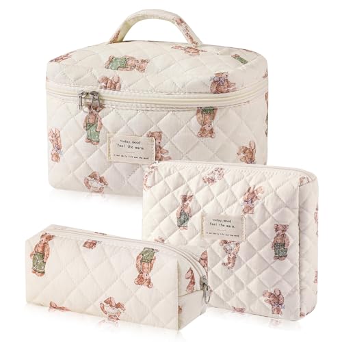 3 Pcs Floral Cotton Makeup Bag Set - Aesthetic Travel Organizer (Bear)