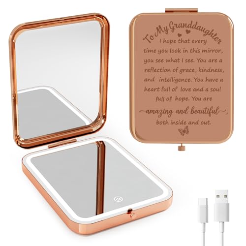 To My Granddaughter Lighted Compact Mirror - Engraved Pocket Makeup Mirror with 3 Color LED Lights - Gift from Grandma