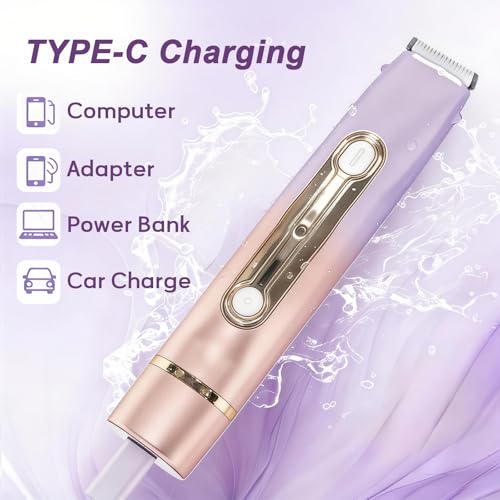 Bikini Trimmer for Women, Waterproof Electric Razors for Women with Dual Head Design,Painless Bikini Shaver & Womens Electric Razor for Face & Body, Cordless Rechargeable,Purple2