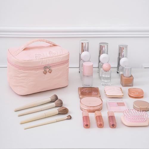 Pink Large Travel Makeup Bag with Mesh Pockets - Alamealle