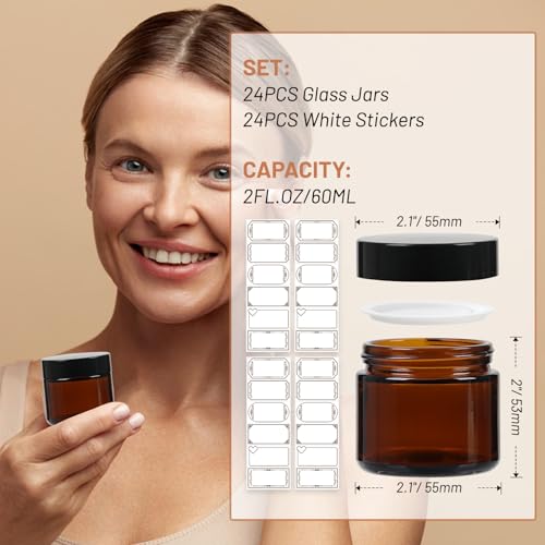 2 oz Amber Glass Jars 24-Pack with Airtight Lids & Stickers