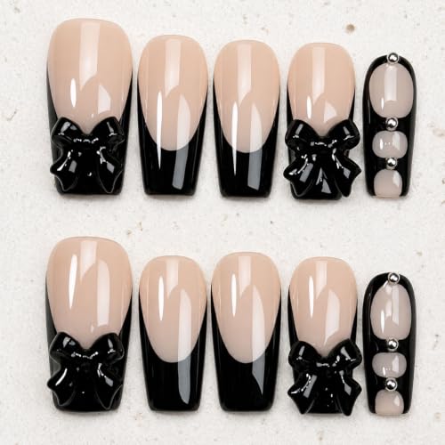 Medium Black French Tip Press on Nails with 3D Bow - Exylixor 662603MSQ