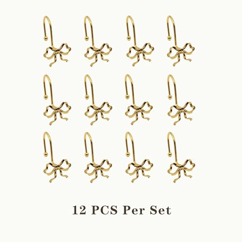 Gold Bow Shower Curtain Hooks - 12 Pack Rust Proof Rings for Elegant Bathroom Decor