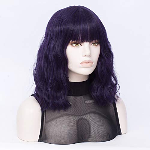 Short Wavy Purple Wig with Bangs - Heat Resistant Synthetic Hair for Costume