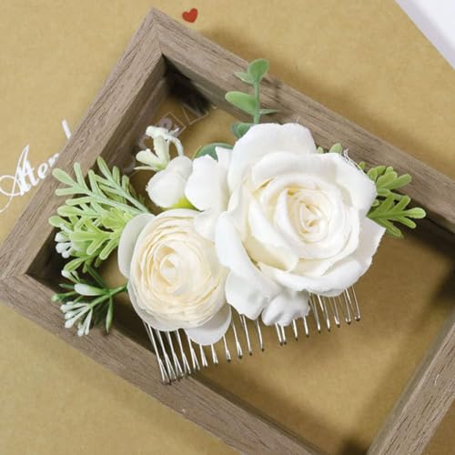MAFELOE White+Creamy Bridal Hair Side Comb with Artificial Flowers
