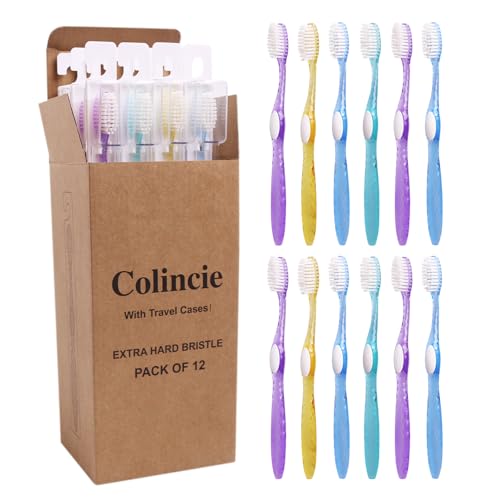 Colincie Extra Hard Bristle Toothbrush Travel Kit - 12 Pack with Cases