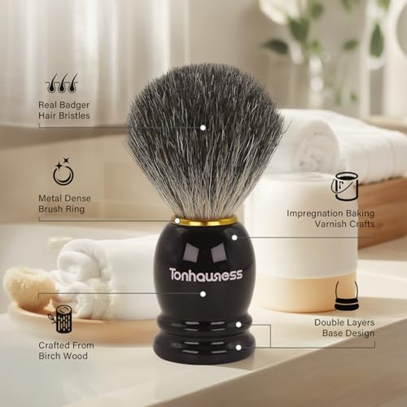 Badger Hair Shaving Brush With Wood Handle, Goat Milk Shaving Soap, Dual-ring Base Stainless Steel Shaving Stand Holder and 3 Layers Shaving Bowl for Men's Wet Shaving (Black With Badger Hair)
