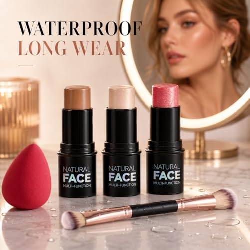 LTIYV 3-in-1 Cream Contour Stick Kit - Style1 with Bronzer, Blush & Highlighter