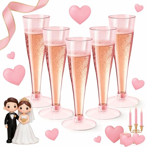 40 Pack Pink Plastic Champagne Flutes - 4.5oz Disposable Wine Glasses for Parties