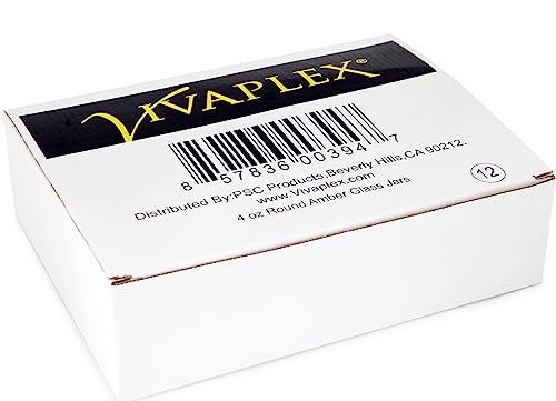 Vivaplex Amber 4 oz Round Glass Jars with Inner Liners & Black Lids - 12 Pack