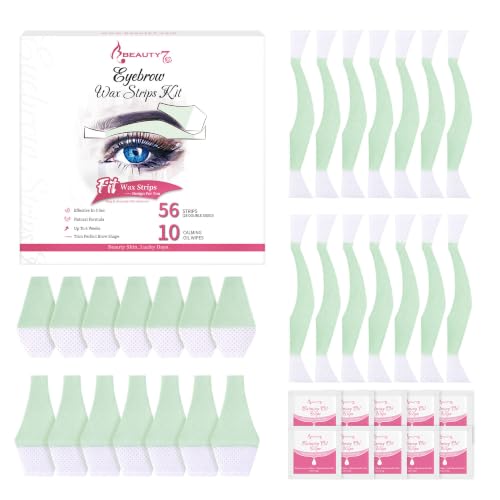 Beauty7 Eyebrow Wax Strips for Face - 56 Pack with Calming Oil Wipes, Hair Removal Kit