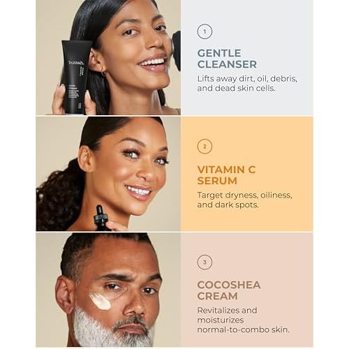 Buttah Skin 3pc Transforming Skincare Kit for Melanin | Rich Skin Revitalizing CocoShea Cream Moisturizer 2 oz | 15% Vitamin C Serum 1 oz | Buttah Cleanser 3.4 oz | Black Founded Skincare