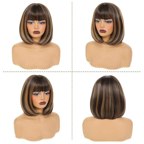 Brown Blonde Highlight Bob Wig with Bangs - Synthetic Wig for Women