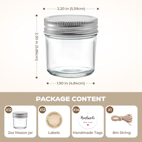 12 Pack 2 oz Mini Mason Jars with Airtight Lids - PureRoot