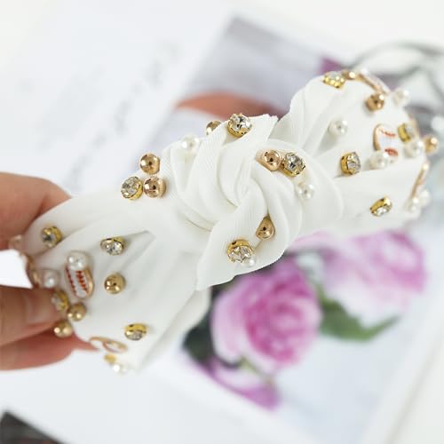 White Baseball Headband for Women - Pearl & Crystal Knotted Design