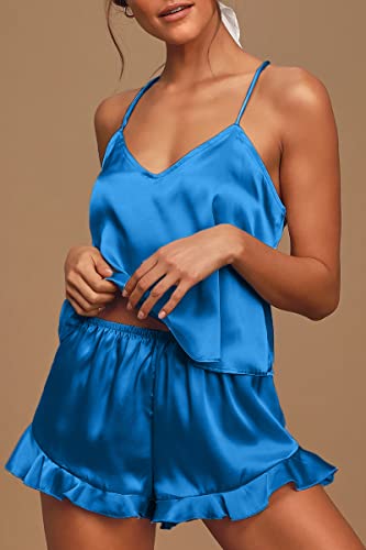 CHYRII Women's Silk Satin Ruffled Pajama Set - Cami & Shorts, Small, Teal