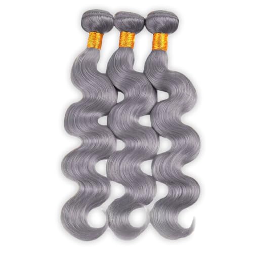 MavKuvx Brazilian Body Wave Grey Human Hair Bundles - 3 Pack 150g Total