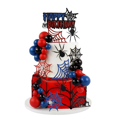 Ercadio 35Pcs Spider Web Cake Decorations - Black, Red & Blue Toppers