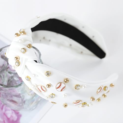 White Baseball Headband for Women - Pearl & Crystal Knotted Design
