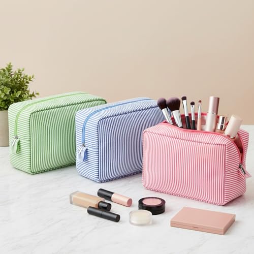 Sanwuta 3-Pack Seersucker Makeup Bags for Women - Pink, Blue, Green