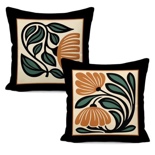 Retro Boho Floral Pillow Covers Set of 2 - 18x18 Inch