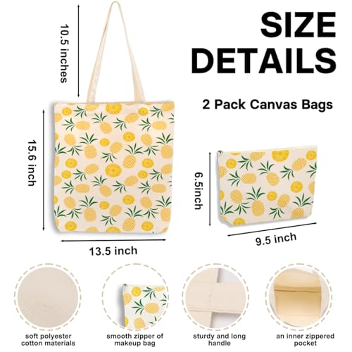 Cute Pineapple Canvas Tote Bag & Makeup Bag Set for Travel