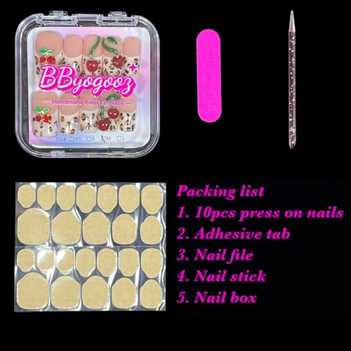 BByogooz Cherry Bouquet Handmade Press-On Nails with 3D Cherry Embellishments - S
