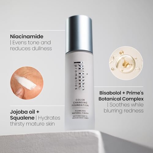 Prime Prometics Color Changing Foundation for Mature Women ? Instantly Adapts to Your Skin Tone ? Buildable Light-to-Medium Coverage ? 12-Hour Wear ? Natural Dewy Finish ? Hypoallergenic