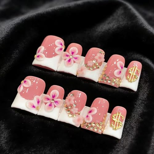 Handmade Duck Nails Style 22 - 10 Pcs Pink French Press On Nails with 3D Flower Designs