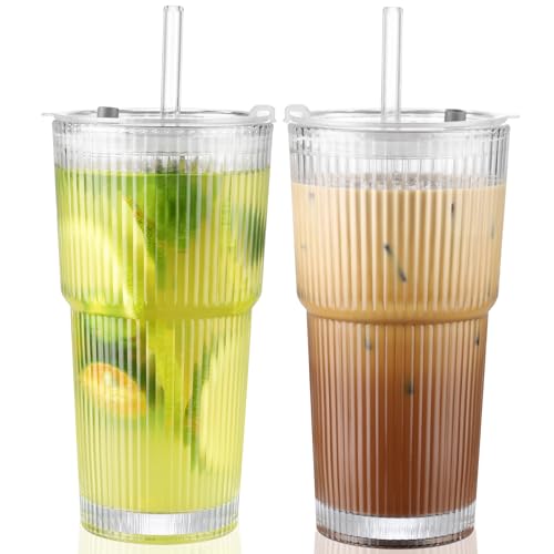 CWHHRN 20 Oz Glass Cups with Lid & Straw - Set of 2