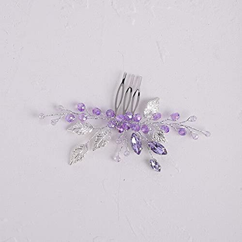 Wedding Crystal Leaf Hair Comb Clip for Bride Bridesmaid Flower Girl - Purple & Silver