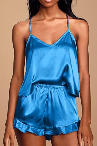 CHYRII Women's Silk Satin Ruffled Pajama Set - Cami & Shorts, Small, Teal